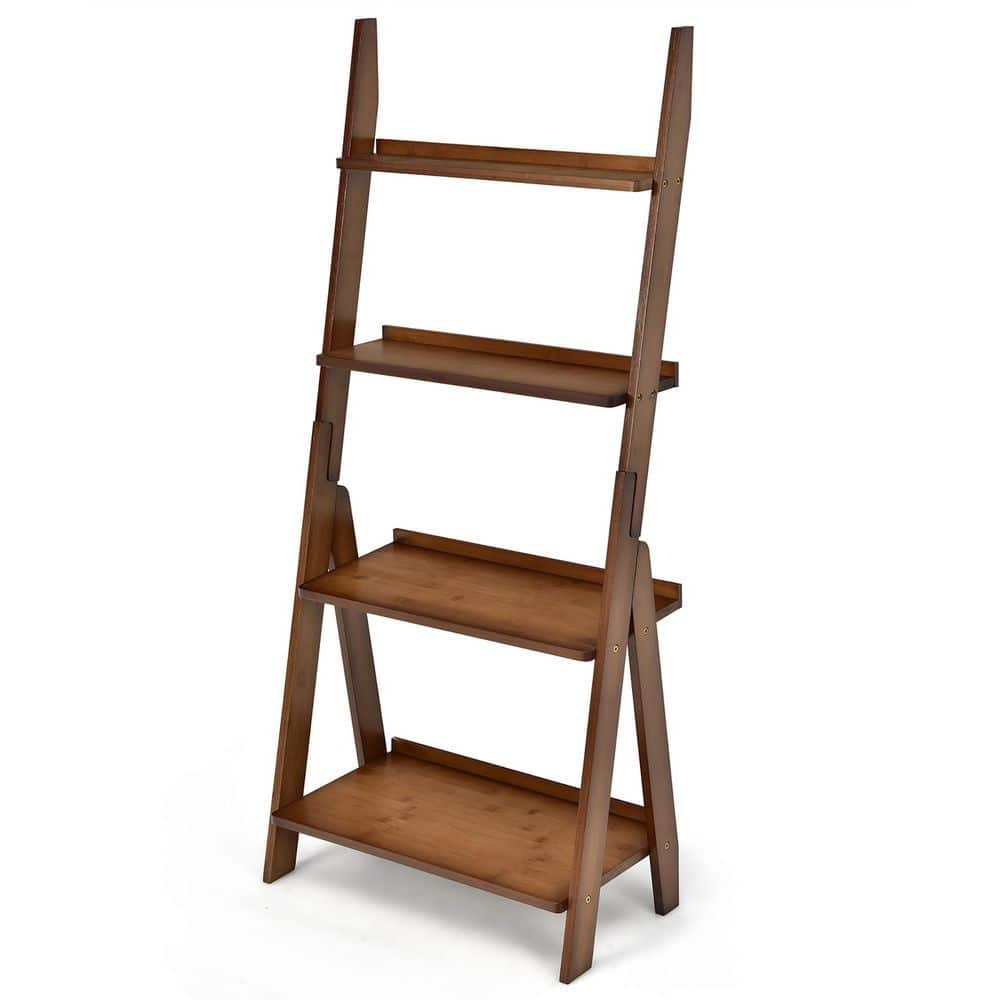 Costway 21 in. W 4-Tier Bamboo Ladder Shelf Bookcase Storage Organizer Plant Flower Stand Coffee