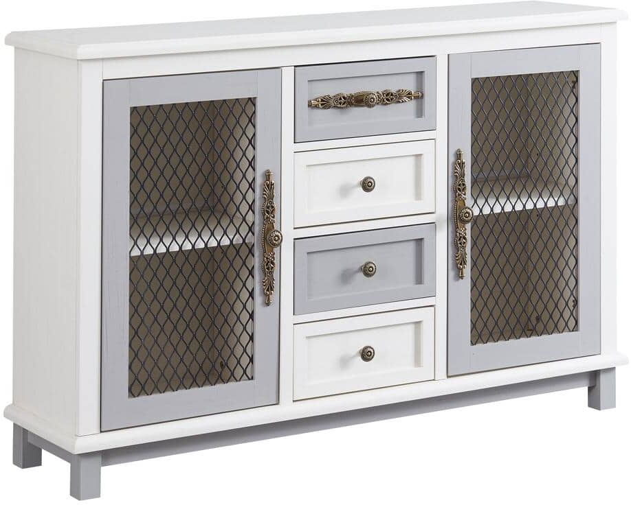 Antique White and Gray Retro Style Cabinet with 4 Drawers of the Same Size and 2 Iron Mesh Doors