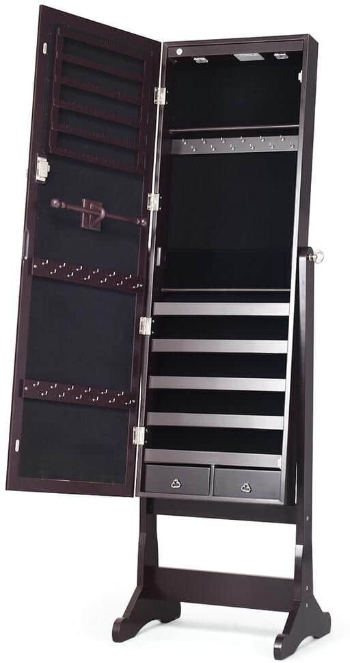 Costway Brown Wood 16 in. Lockable Mirrored Jewelry Cabinet Armoire Organizer Storage w/Stand & LED Lights