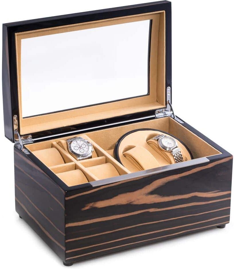 BEY-BERK Lacquered "Ebony" Burl Wood 2-Watch Winder with Storage for 4-Watches