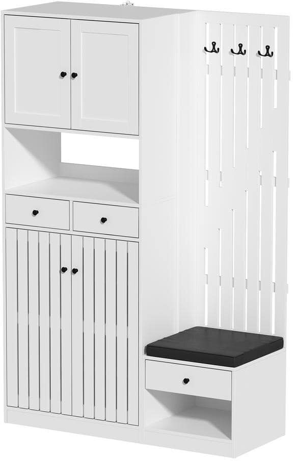 FUFU&GAGA 70.9 in. H x 45.3 in. W White Wooden High Coat Rack with Shoe Storage Bench, Drawers, Hutch and Cabinet