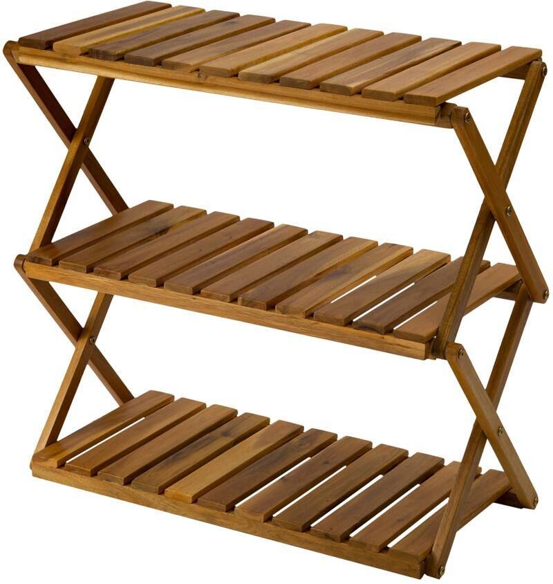 24.8 in. W 3-Tiers Acacia Wood Plants Stand Foldable 9-Pair Shoe Rack Multipurpose Shelf