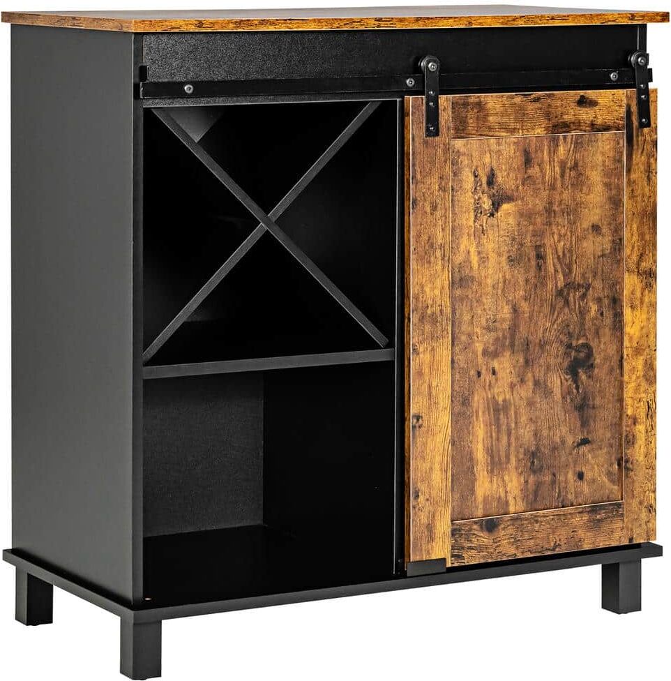 Costway Brown Kitchen Buffet Storage Cabinet Sideboard with Sliding Barn Door Wine Rack