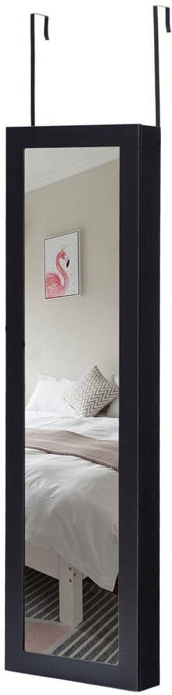 HONEY JOY Black Wood Wall Door Mounted Mirrored Jewelry Cabinet Standing Vanity Organizer