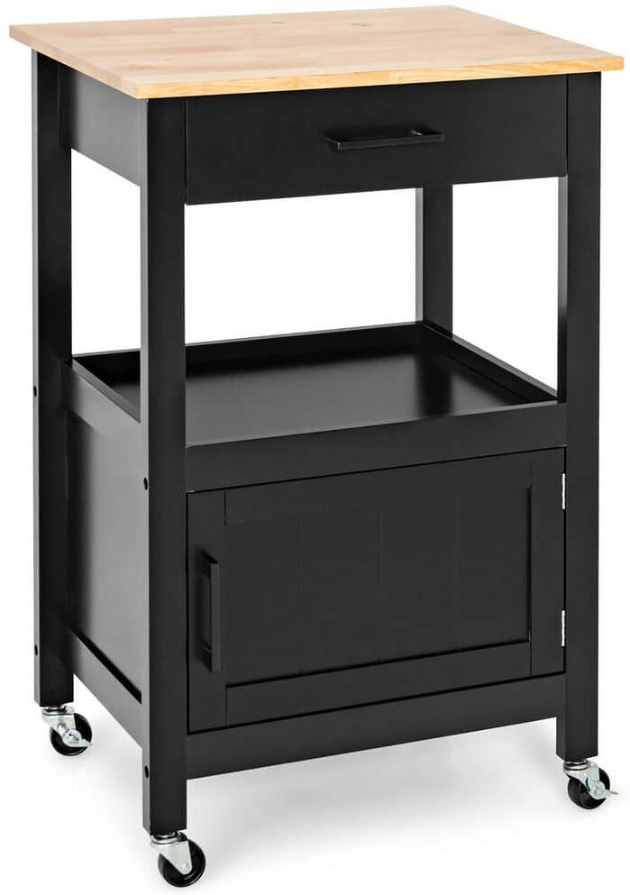 Costway Black Rolling Kitchen Island Cart on Wheels Bar Serving Trolley with Drawer Cabinet