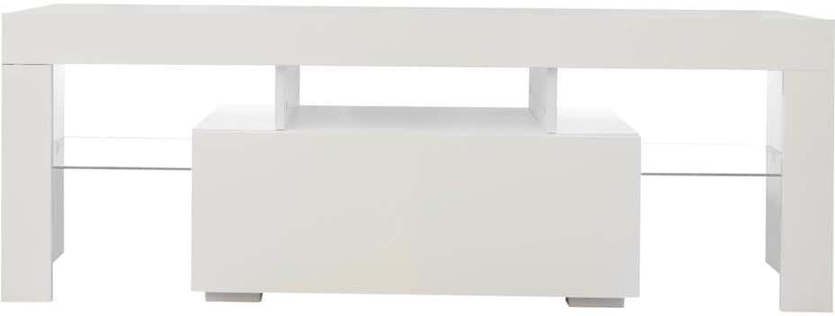 URTR Modern White TV Stand with LED Lights High Glossy TV Table with Glass Storage Shelves TV Console Fits TVs up to 55 in.