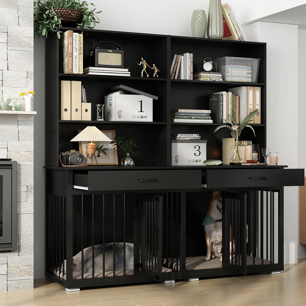 FUFU&GAGA Large Wooden Heavy Duty Dog Crate Storage Cabinet, Dog House Kennel with Wood 6-Shelf Bookcase Bookshelf, Black