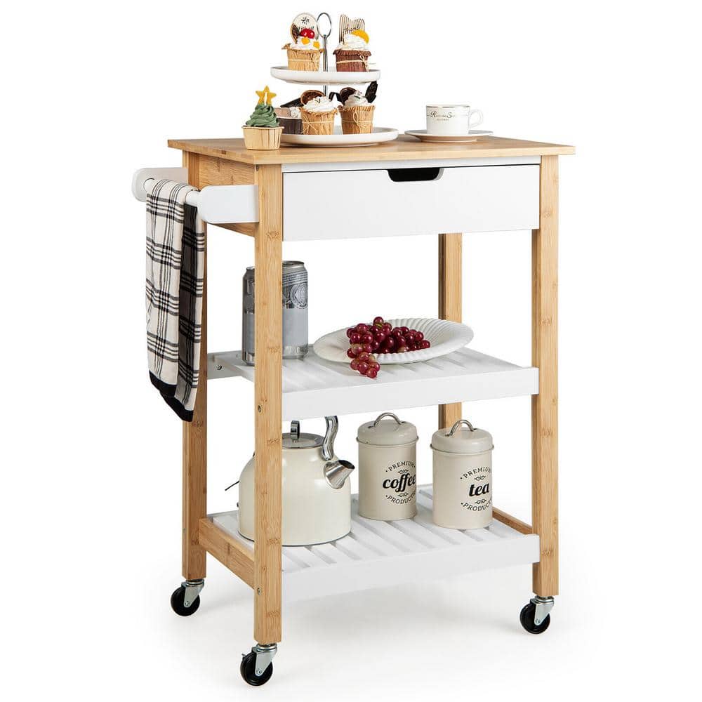 Gymax 3-Tier Natural Kitchen Cart Island Rolling Service Trolley with Bamboo Top Shelves