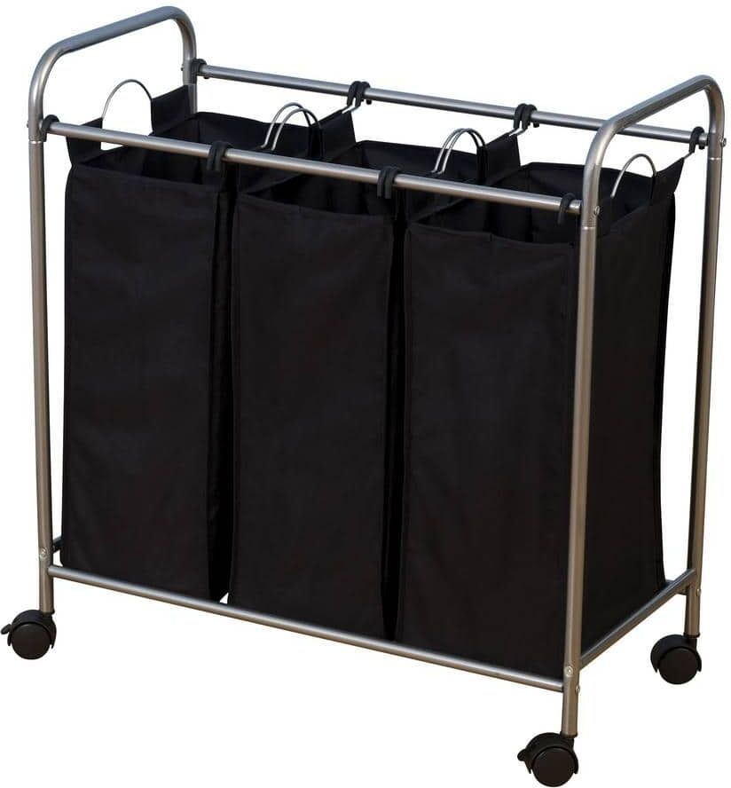 HOUSEHOLD ESSENTIALS Satin Silver and Black Polyaster Laundry Sorter Hamper Triple Bags and Wheels