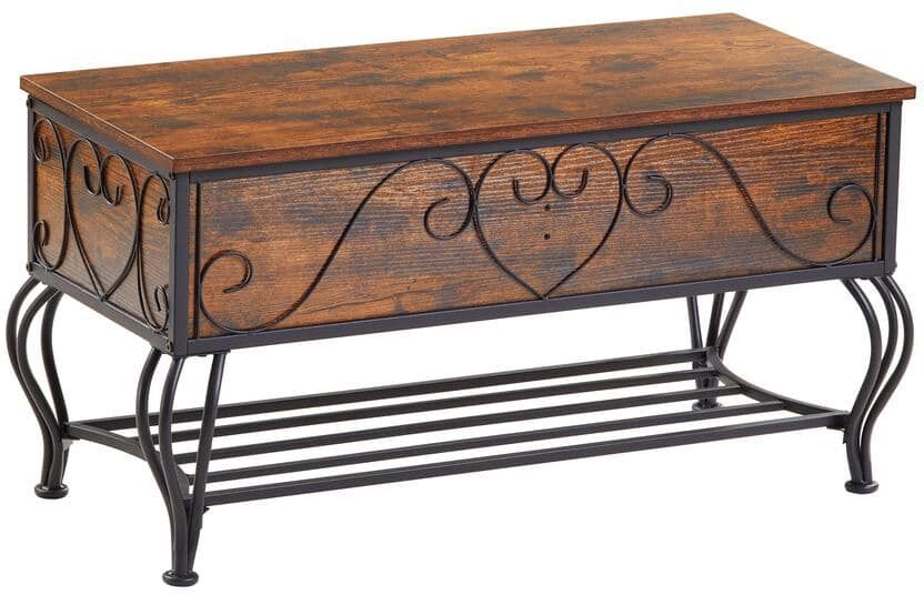 18.8 in. H x 35.4 in. W Rustic Brown Wood Shoe Storage Bench Rustic Shoe Rack Bench with Metal Shoe Storage Shelf