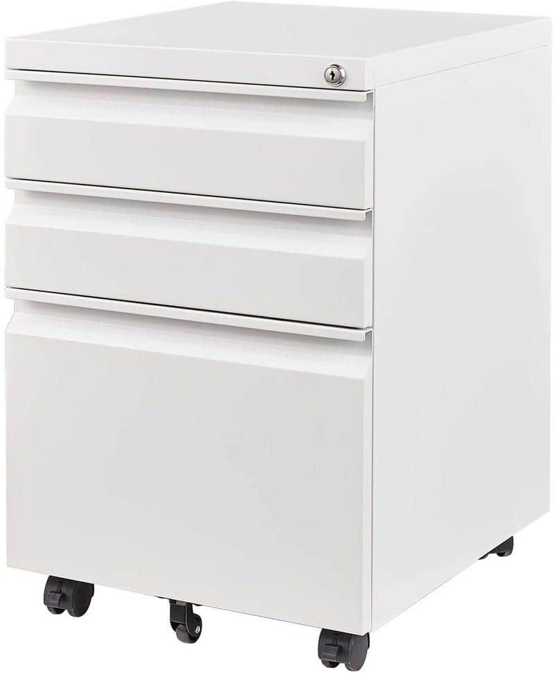 17.32 in. W. x 14.69 in. D x 23.62 in. H White Mobile Linen Cabinet with 3-Drawers and 5-Wheels