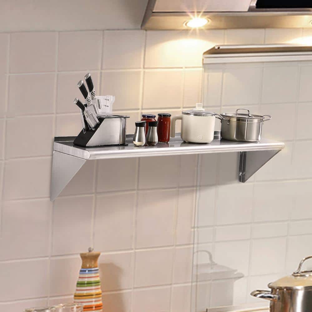VEVOR Stainless Steel Shelf 12 in. x 48 in. Wall Mounted Floating Shelving with Brackets 280 lbs Load Commercial Shelve,Silver