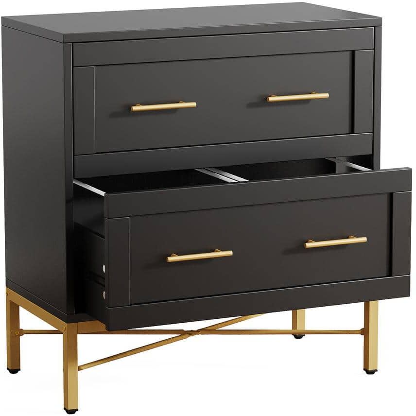 BYBLIGHT Atencio 2-Drawer Black Wood 32 in. W Lateral File Cabinet, Modern Gold Lateral Filing Cabinet for Letter/Legal/A4 Size