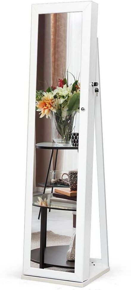 ANGELES HOME White Wood Standing Lockable Jewelry Storage Organizer with Full-Length Mirror