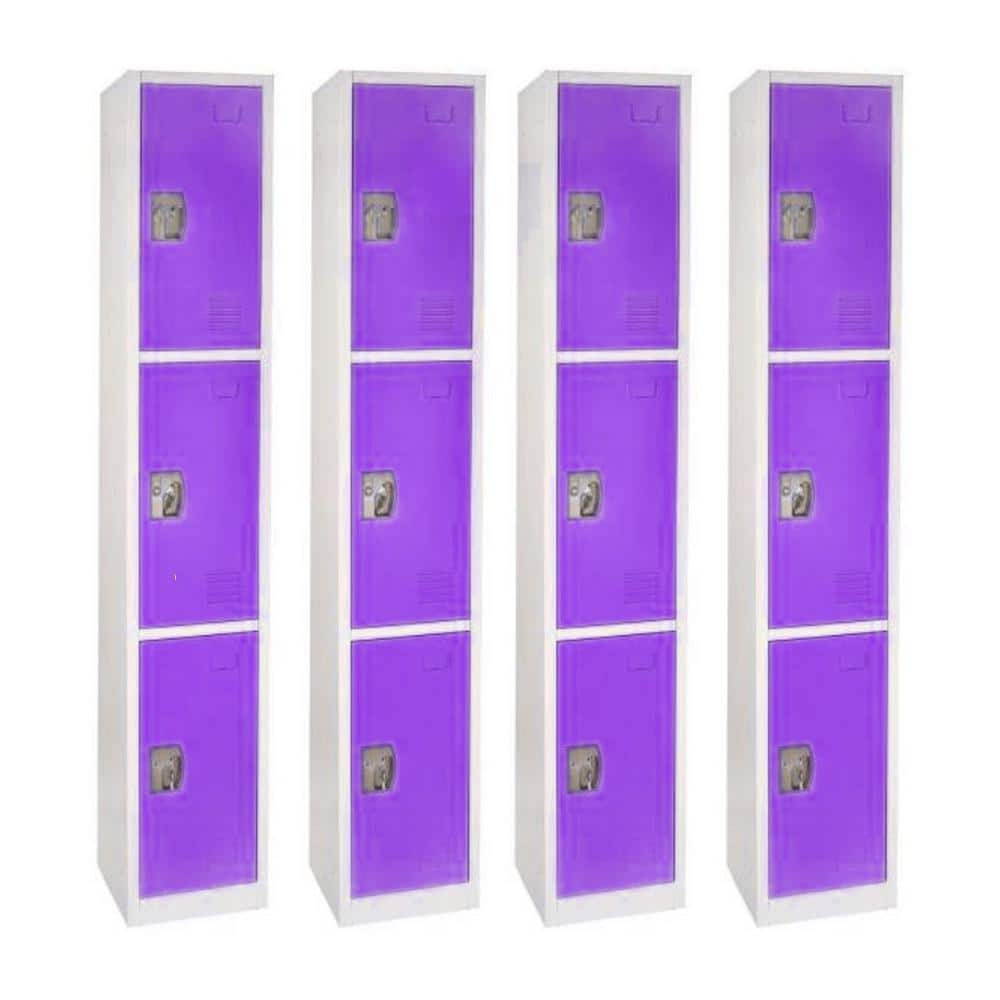 AdirOffice 629-Series 72 in. H 3-Tier Steel Key Lock Storage Locker Free Standing Cabinets for Home, School, Gym in Purple (4-Pack)