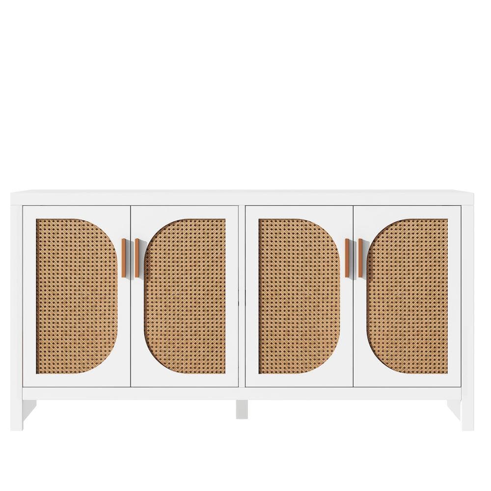 59.10 in. W x 13.80 in. D x 30.30 in. H White Linen Cabinet with Rattan Doors, Adjustable Shelves