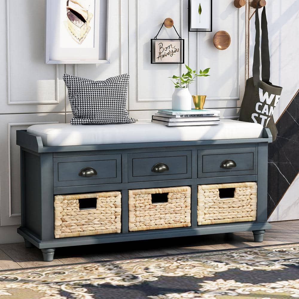 GODEER 19 in. H x 42 in. L x 15 in. W Rustic Antique Navy Storage Bench with 3-Drawers 3-Rattan Baskets