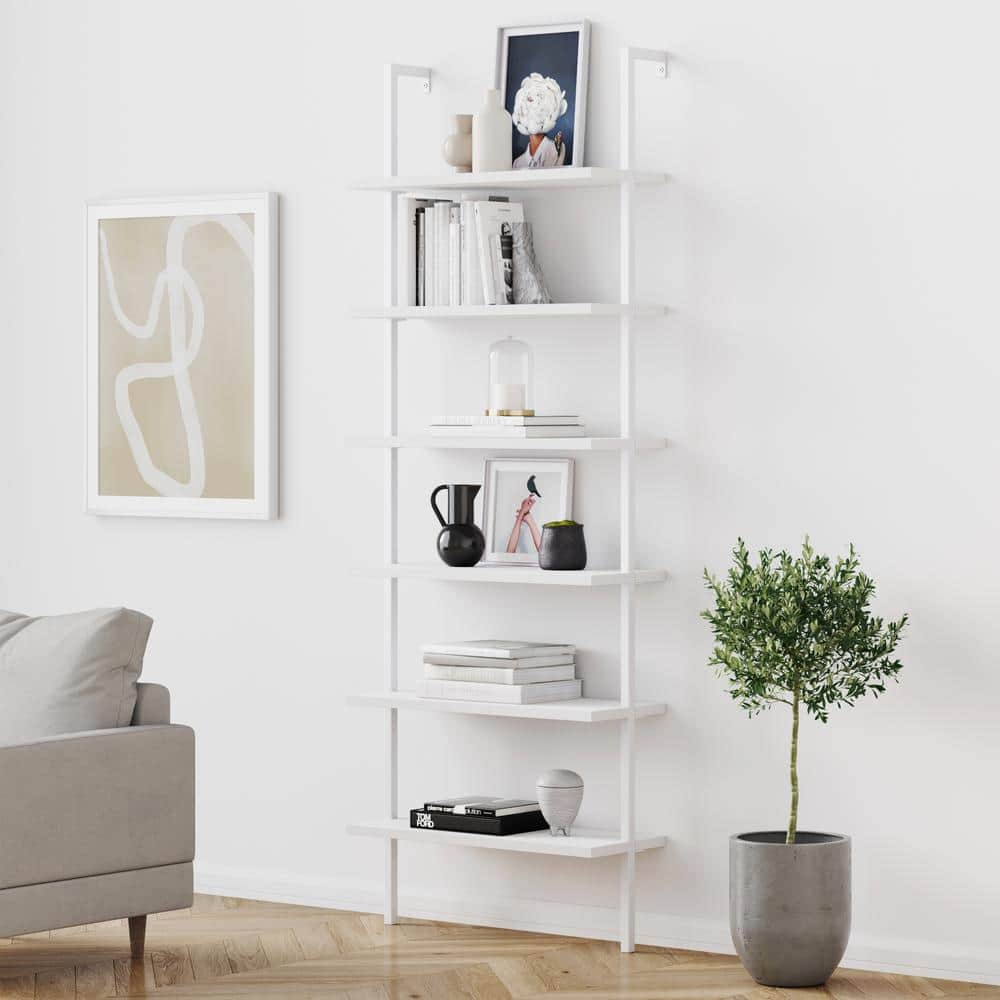 Nathan James Theo 85 in. Matte White Reclaimed Wood 6-Shelf Tall Ladder Bookshelf Wall Mount Bookcase with White Metal Frame