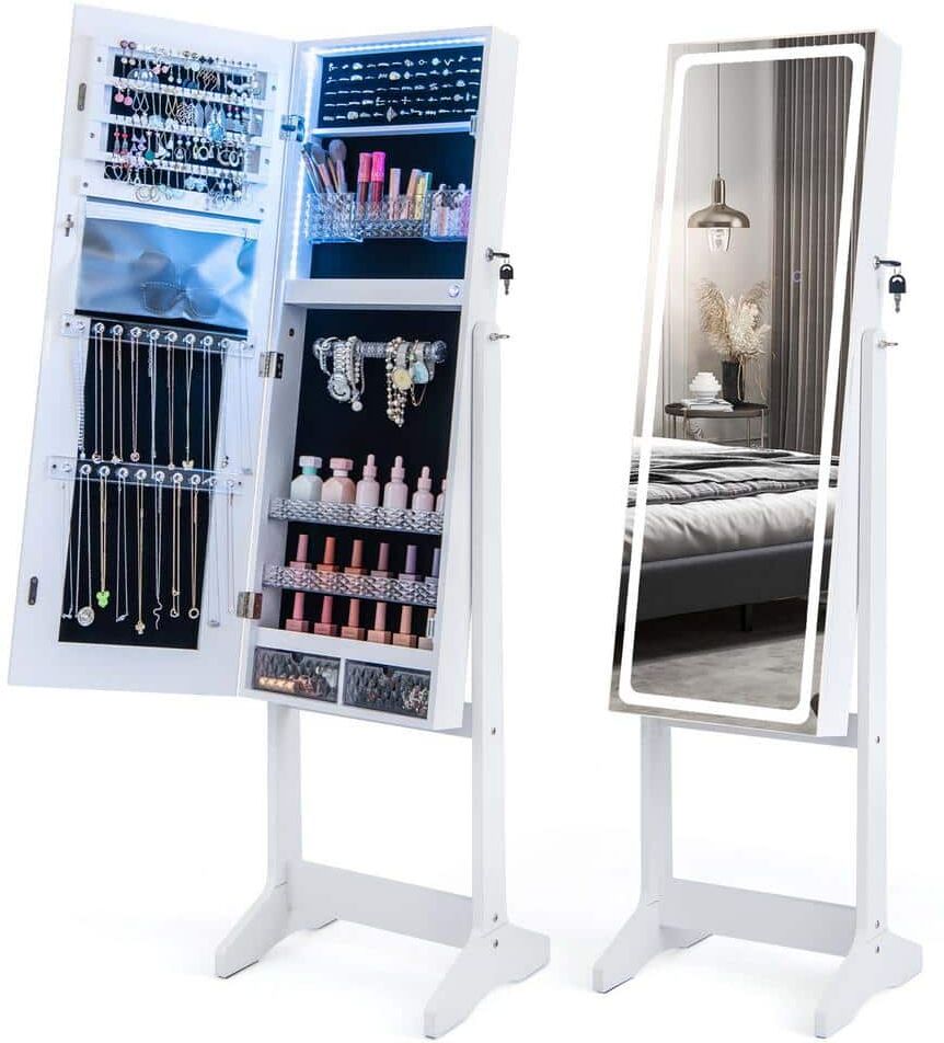 Costway White Wood LED Mirror Jewelry Cabinet Organizer 16 in. Jewelry Armoire Standing with Built-in 3 Color Light