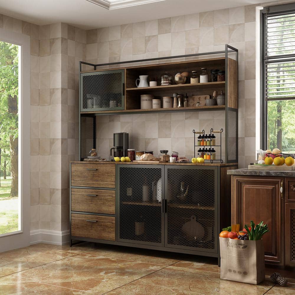 FUFU&GAGA 59 in. W Kitchen Brown Wood Buffet Sideboard Pantry Cabinet For Dining Room with Metal Mesh Doors, 3-Drawers, Shelves