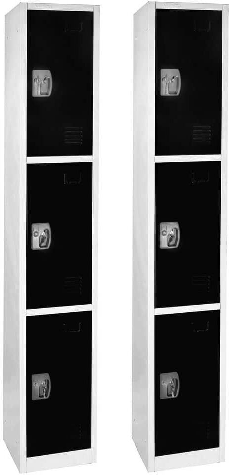 AdirOffice 629-Series 72 in. H 3-Tier Steel Key Lock Storage Locker Free Standing Cabinets for Home, School, Gym in Black (2-Pack)