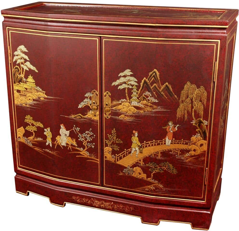 Oriental Furniture Red Lacquer Japanese Slant Front Cabinet