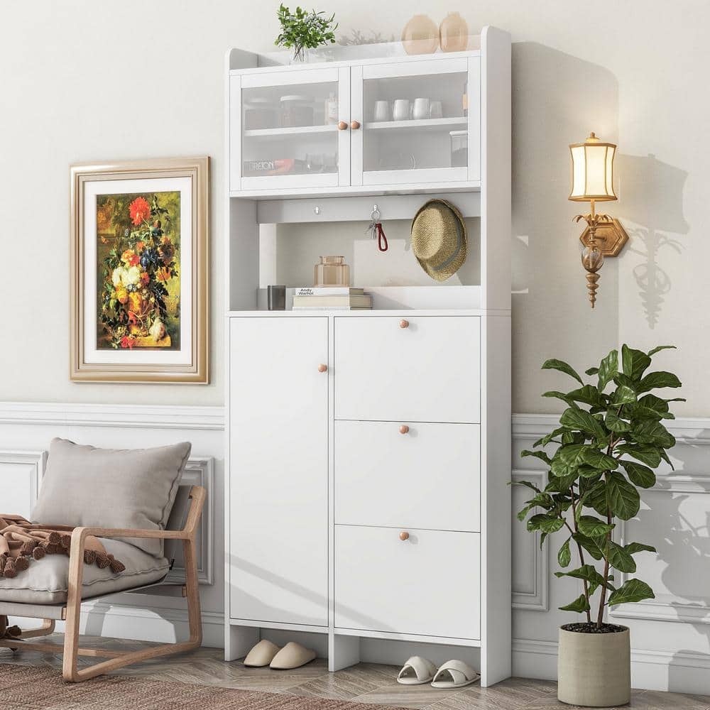 Harper & Bright Designs White Hall Tree with 3-Metal Hooks, 3-Flip Shoe Racks, Tempered Glass Doors, Cabinet with Adjustable Shelves
