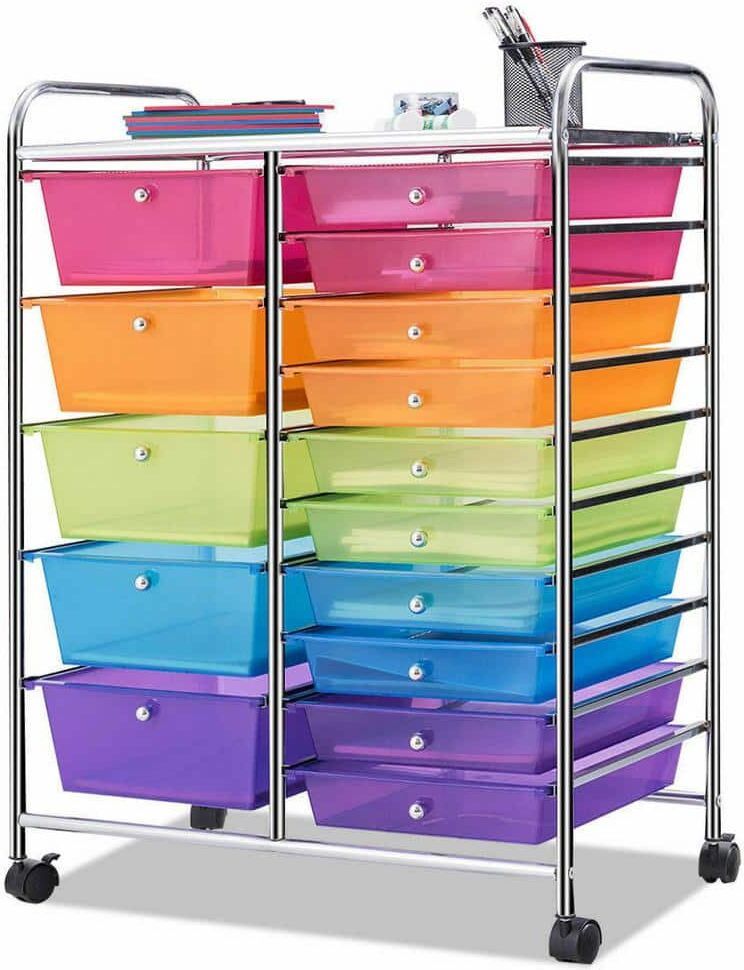 Costway 15 Drawer 4-Wheeled Plastic Rolling Storage Cart Tools Scrapbook Paper Office School Organizer in Colorful