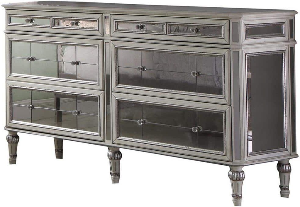 Best Master Furniture Theresa 6-Drawer Antique Cream Mirrored Dresser 39 in. H x 67 in. W x 20 in. D