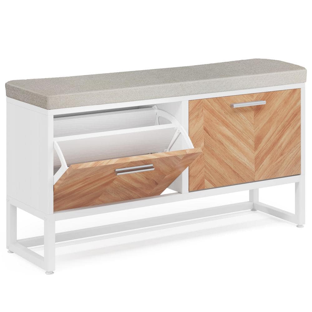 Tribesigns 24 in. H x 39 in. W White and Brown Wood Shoe Storage Bench with Cushion and Drawers for Entryway