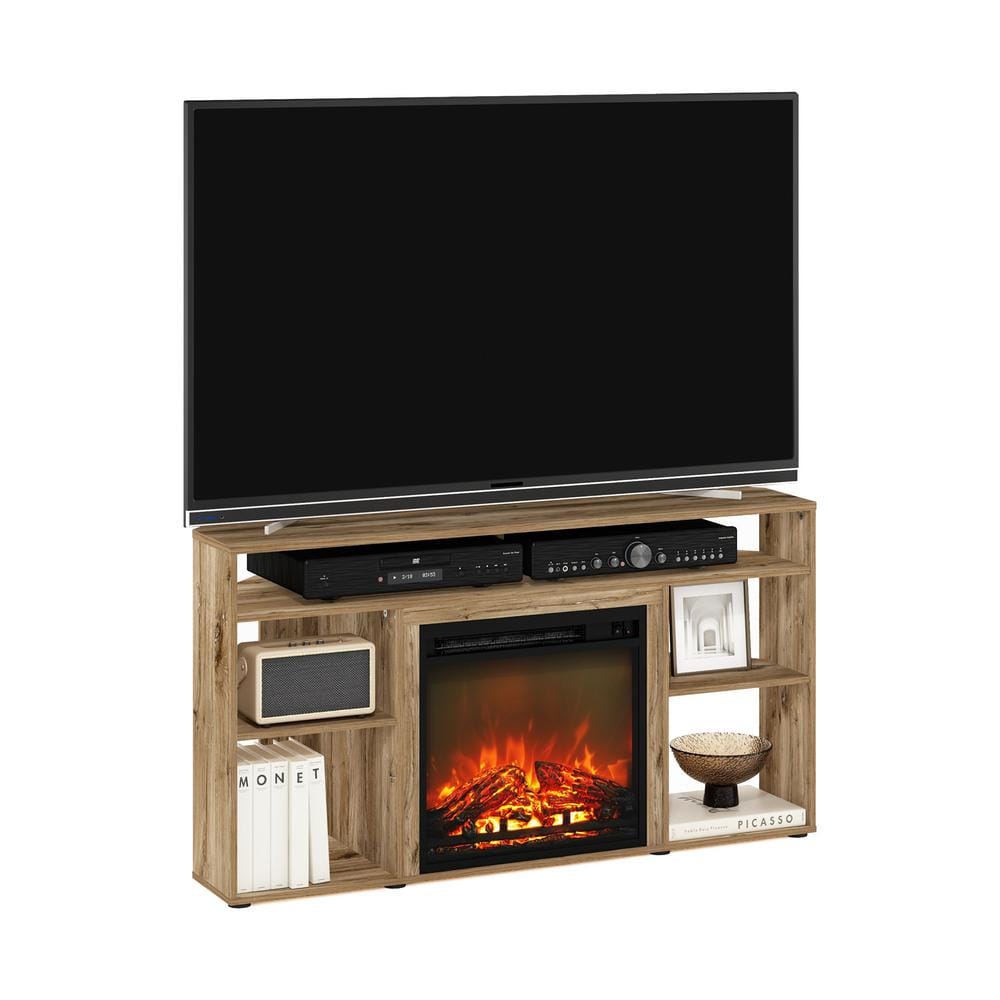 Furinno Jensen 46.54 in. Freestanding Wood Electric Fireplace TV Stand in Flagstaff Oak