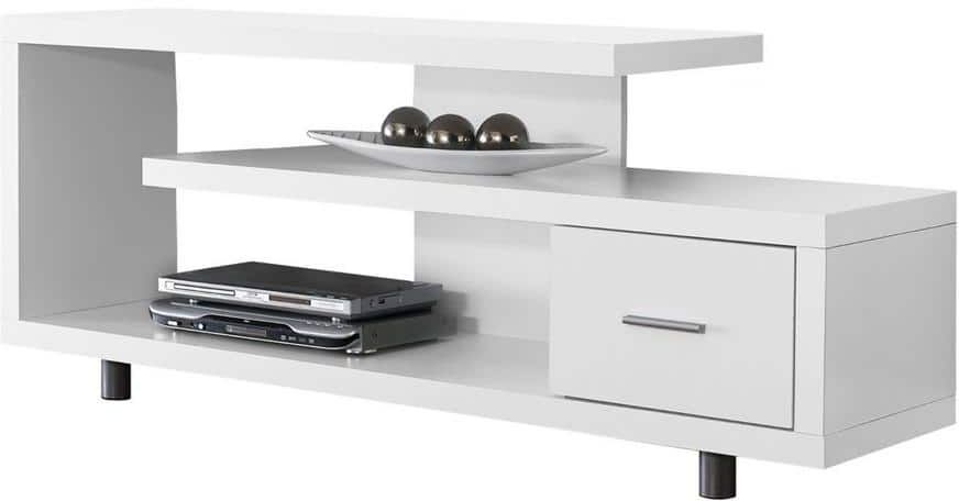 HomeRoots Jasmine 16 in. White Particle Board TV Stand with 1 Drawer Fits TVs Up to 60 in. with Shelves