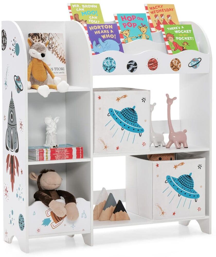 Costway 36.5 in. Kids Toy and Book Organizer Children Wooden Storage Cabinet White Bookcase w/Storage Bins