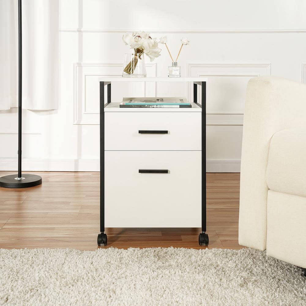 HOMESTOCK Rolling Filing Cabinet - Modern 2-Drawer Wood File Storage, Easy Mobility, Compact & Elegant-Whitewash