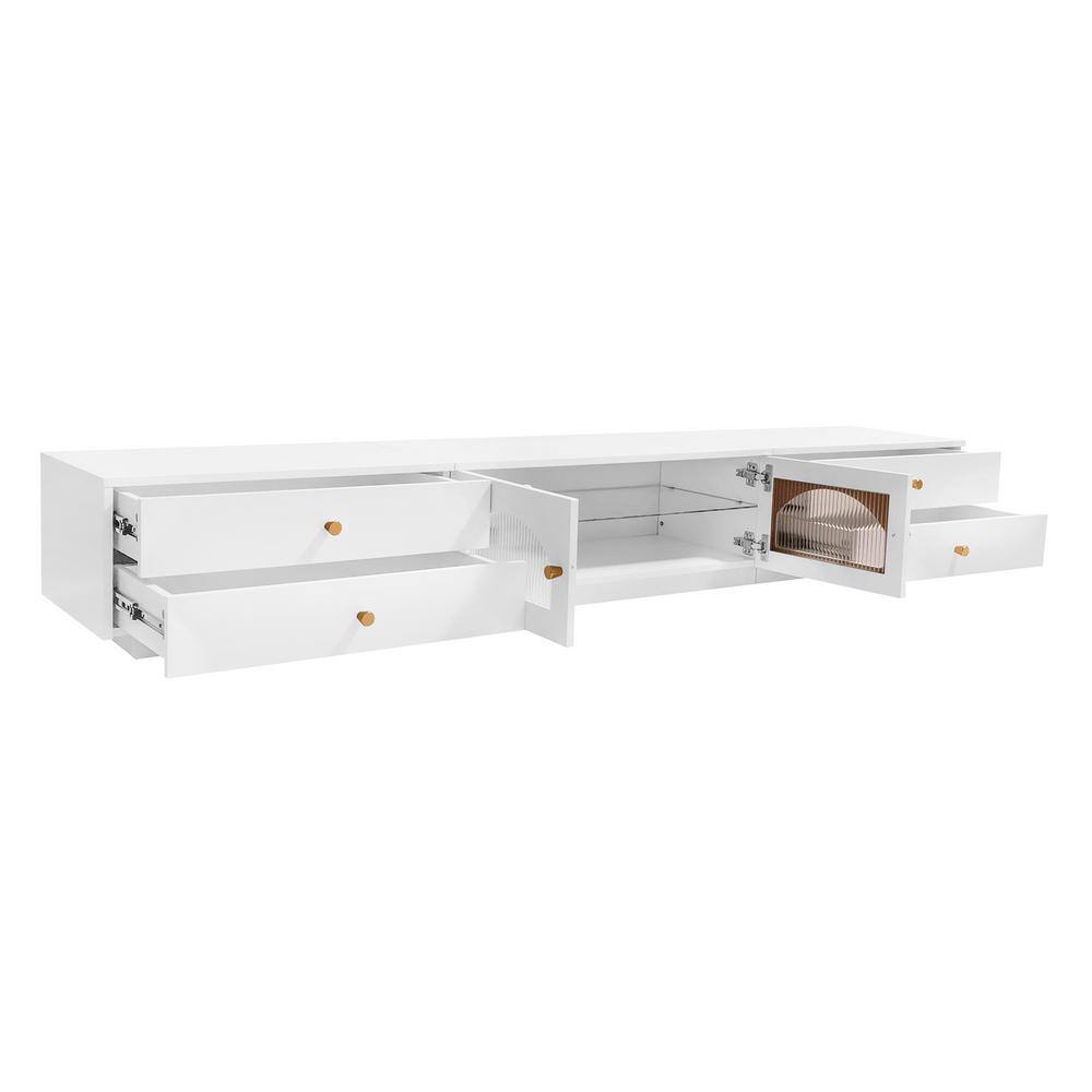 Nestfair 86.6 in. White TV Cabinet TV Stand Fits TVs up to 90 in. with Fluted Glass Doors, 4-Drawers and Tempered Glass Shelf