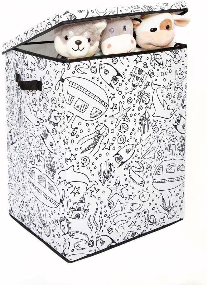 Baumatic Kid's White Coloring Cube Storage Bin Hamper with lid and includes 4 Pack of Washable Markers