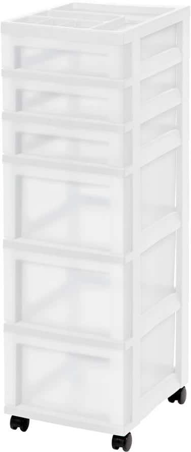 IRIS 14.25 in. L x 12.05 in. W x 37.75 in. H White and Pearl 6-Drawer Storage Cart with Organizer Top