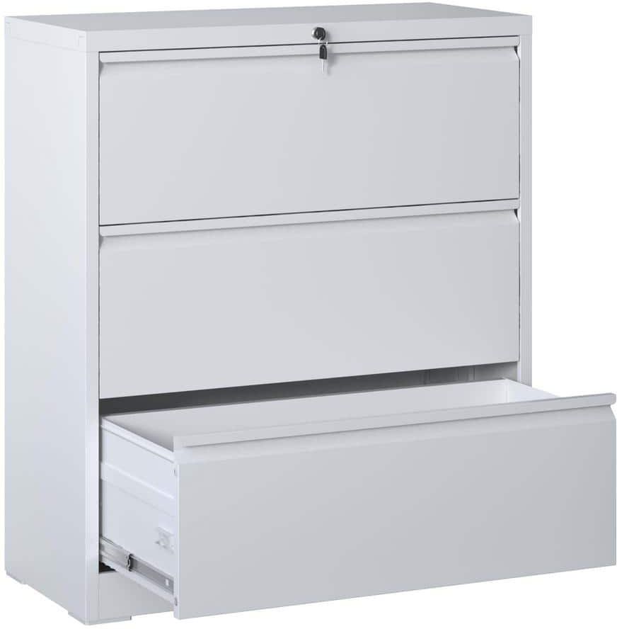 3-Drawer White Metal 35.43 in. W. Lateral File Cabinet with Lock, Home Office Hanging File Letter/Legal/F4/A4 Size