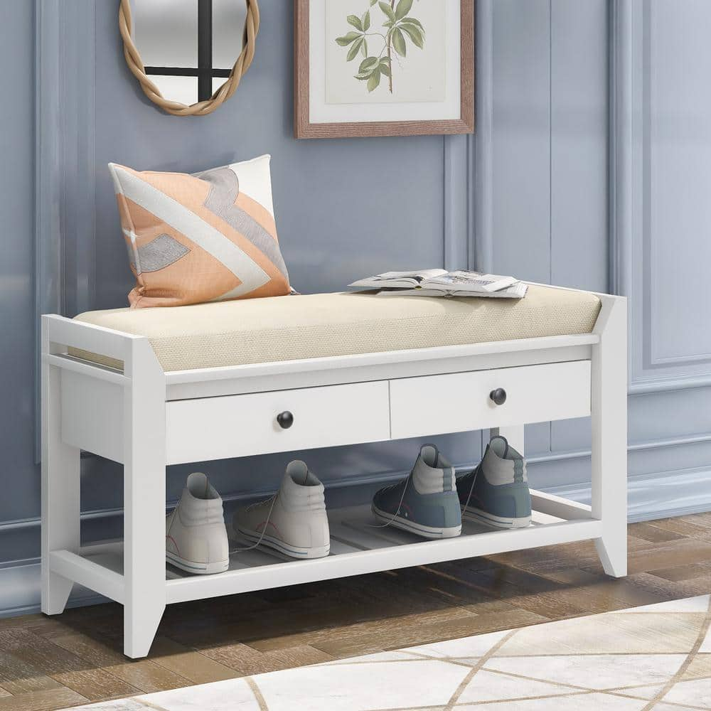 ANBAZAR White Entryway Wood Storage Bench Shoe Rack 39"L x 14"W x 19.8"H with Cushioned Seat, 2 Drawers and Bottom Shelf