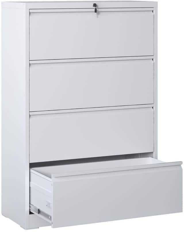 4-Drawer White Metal 35.43 in. W. Lateral File Cabinet with Lock, Home Office Hanging File Letter/Legal/F4/A4 Size