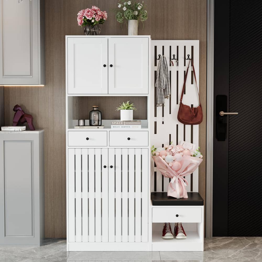 FUFU&GAGA 70.9 in. H x 45.3 in. W White Wooden High Shoe Storage Bench with-Drawers, Hutch, Cabinet and Coat Rack