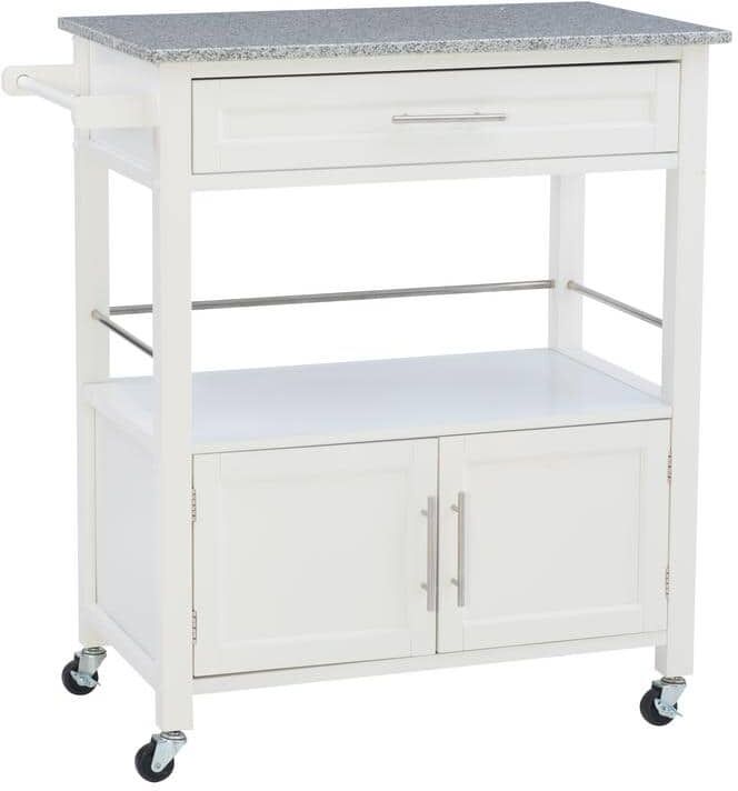 Linon Home Decor Caitlin White Kitchen Cart with Granite Top and Storage