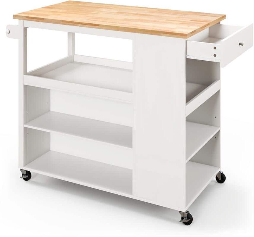 ANGELES HOME 46 in. W White Wood Trolley Kitchen Cart Island on Wheels with Storage Open Shelves and Drawer