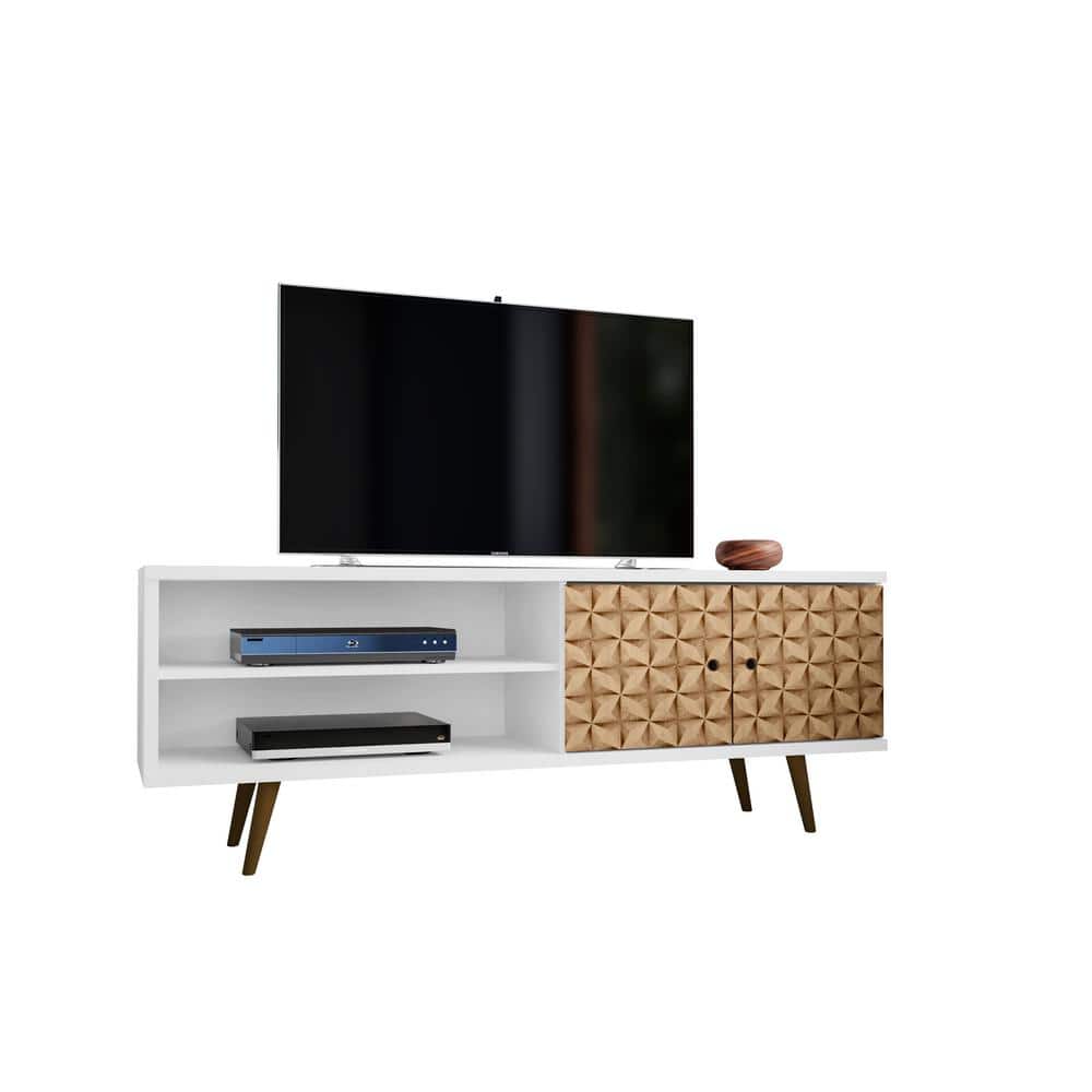 Manhattan Comfort Liberty 63 in. White and 3D Brown Prints Composite TV Stand Fits TVs Up to 60 in. with Storage Doors