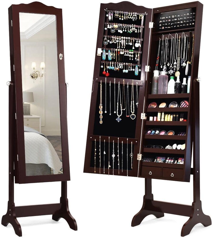 Costway Brown Mirrored Freestanding Jewelry Armoire Organizer Cabinet with Drawer and Led Lights