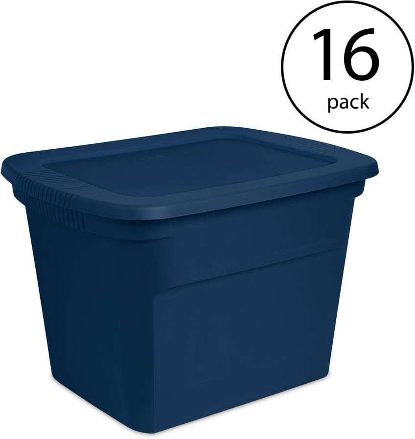 Sterilite Classic Lidded Stackable 18 gal. Storage Tote Container, Blue, 16-Pack