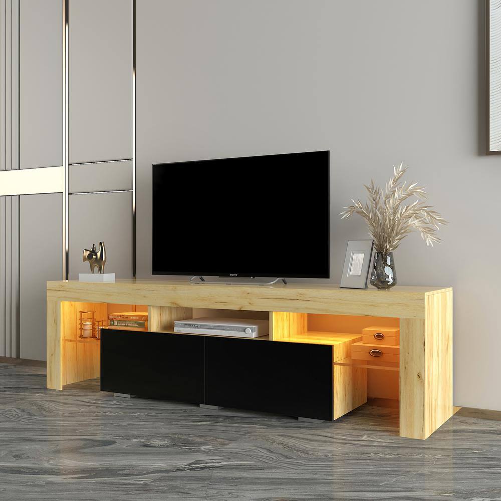 GODEER 63.00 in. Black/Oak TV Stand Fits TV's up to 70 in. with Simple Design TV Stand Cabinet