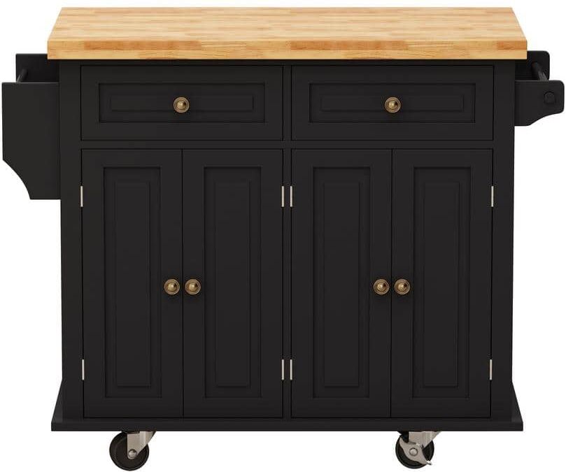 Black Wood 43.31 in. Kitchen Island Cart with 4-Door, 2-Drawers, Spice Rack, 2-Storage Cabinets and Two Locking Wheels