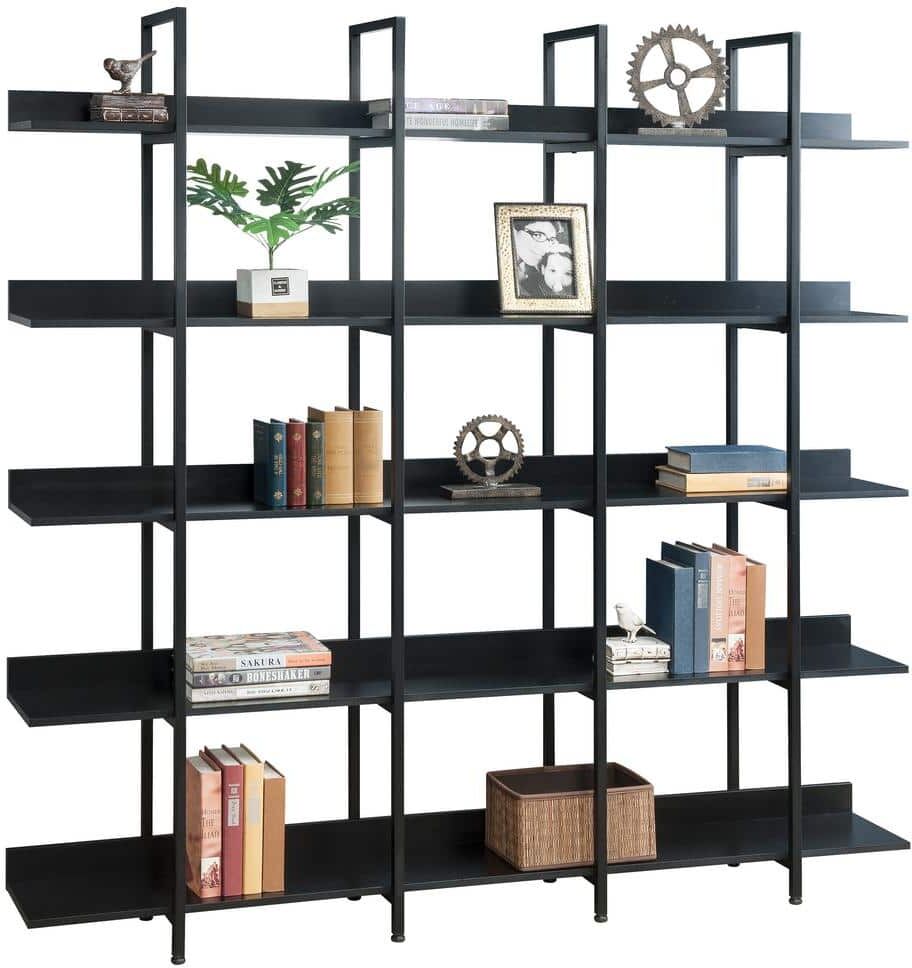 Industrial 70.9 in. Wide Black 5-Tier Shelves Accent Bookcase Display Shelfs Bookshelf with Open Back