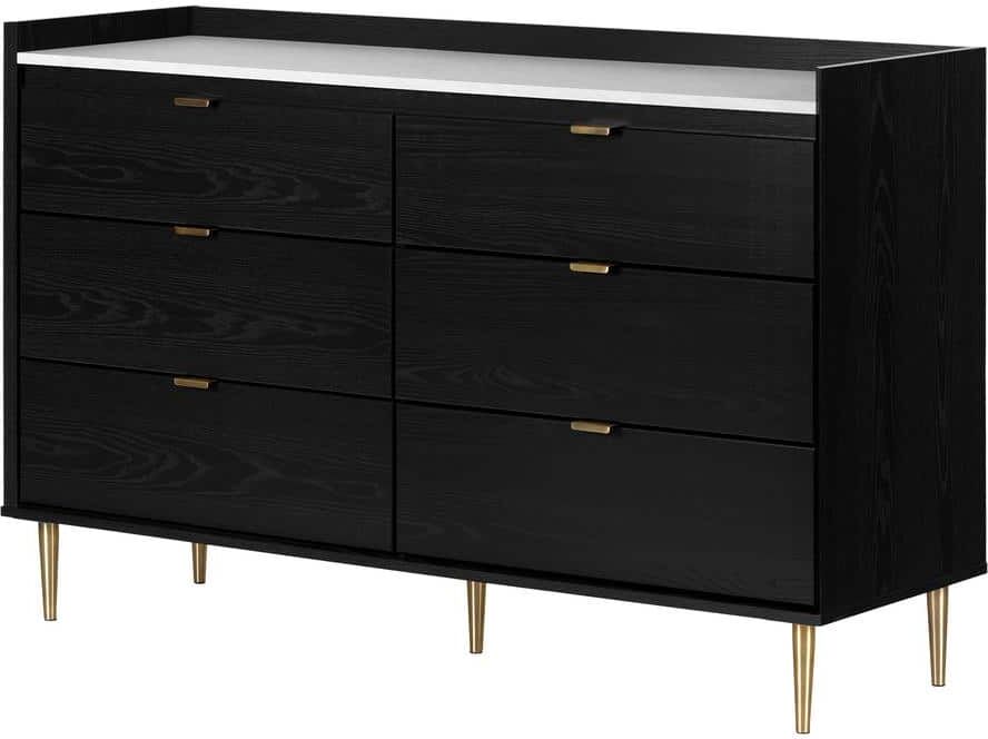 South Shore Hype Black Oak and Faux Carrara 6-Drawer 57 in. Double Dresser